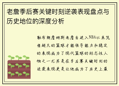 老詹季后赛关键时刻逆袭表现盘点与历史地位的深度分析