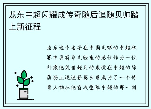 龙东中超闪耀成传奇随后追随贝帅踏上新征程 龙东中超闪耀成传奇随后追随贝帅踏上新征程